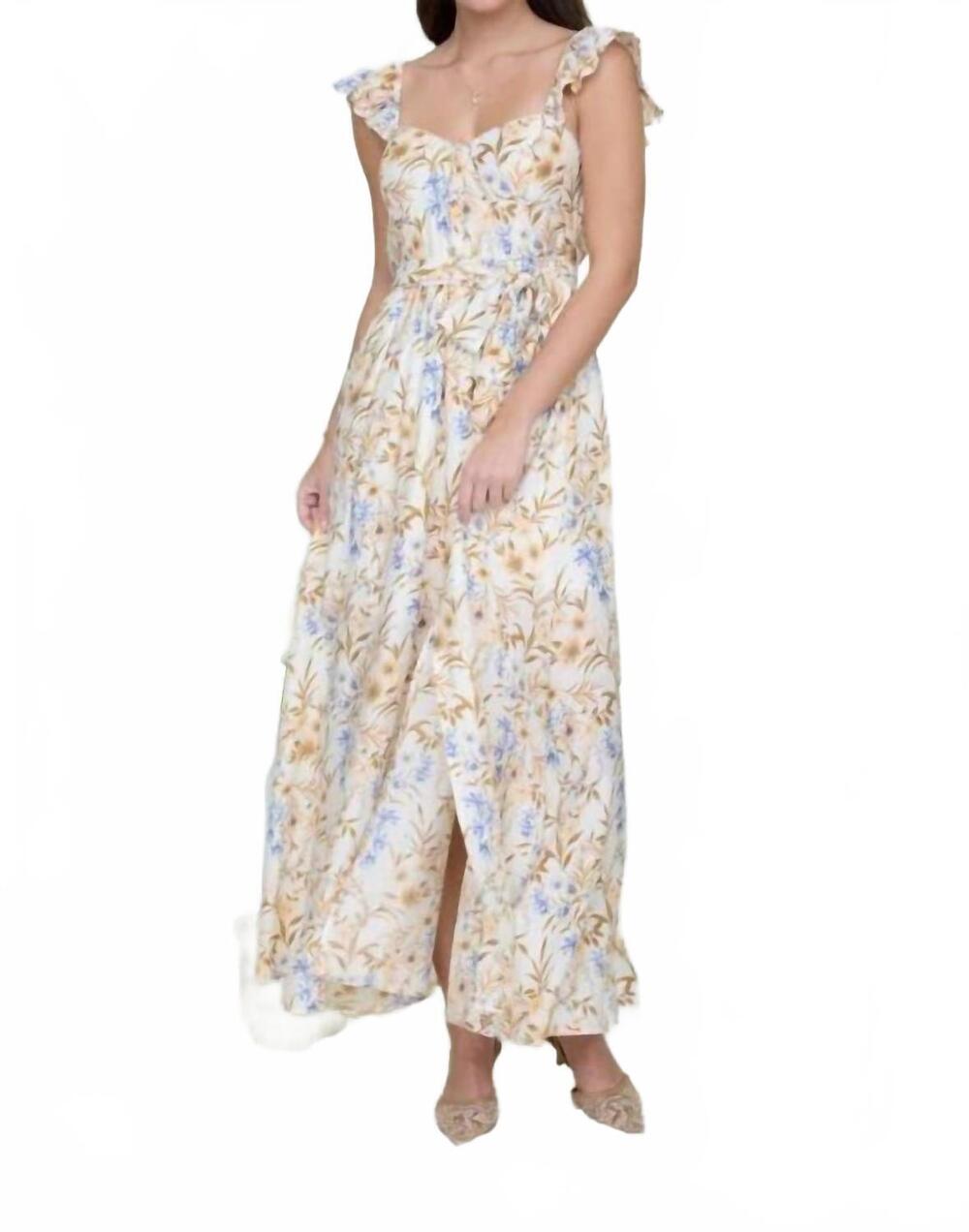 NEW BLU PEPPER floral waist tie front slit sleeveless midi dress in cream